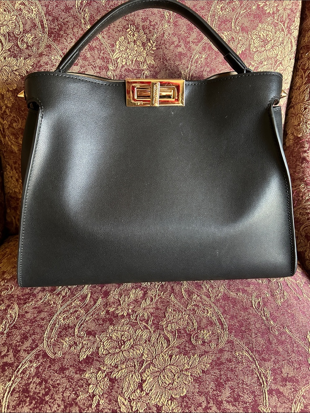 Classic Black Top-Handle Satchel with Gold-Tone Turn Lock